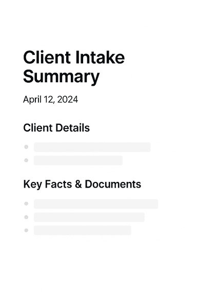 Document upload interface showing client intake forms and supporting documents